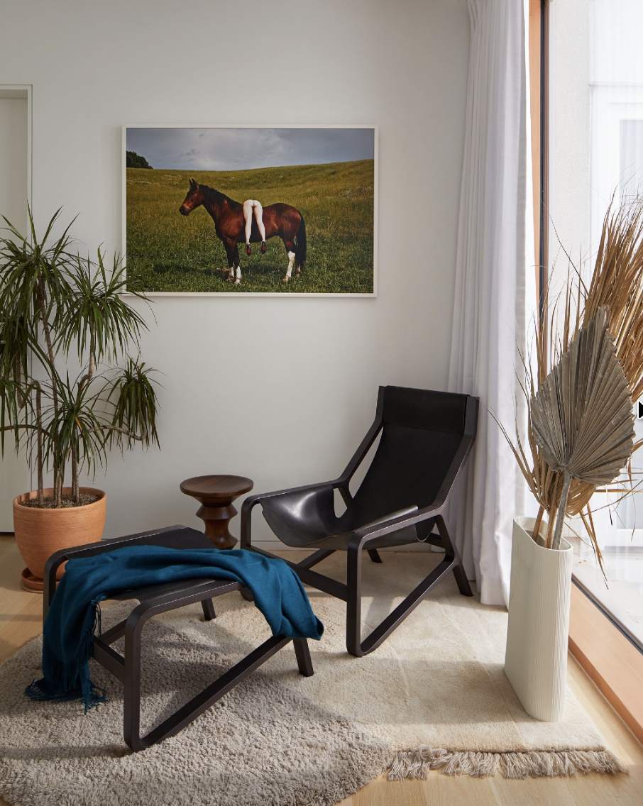 Interior lounge with black chair, ottoman, plants, and horse photograph